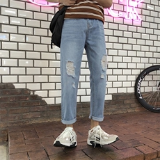 破洞九分牛仔裤夏季男士韩版潮流修身小脚乞丐裤男裤子K13/P45，男装牛仔裤，星座1506-1