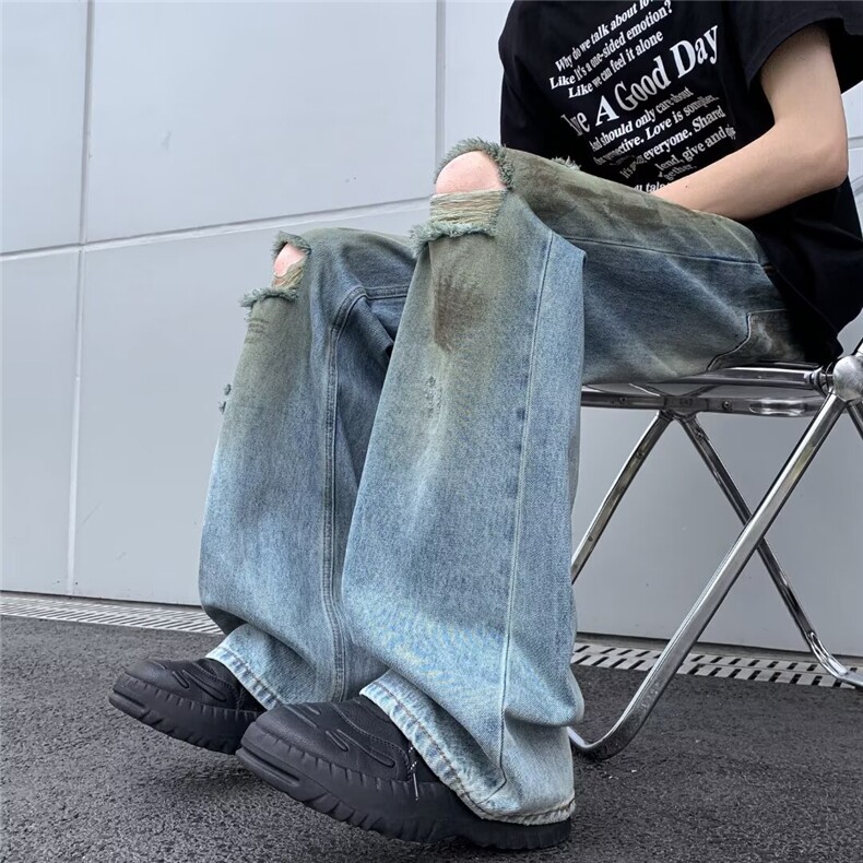 破洞黄泥做旧脏脏水洗宽松百搭夏季薄款直筒牛仔裤男女55055-p50,男装牛仔裤,星座1008