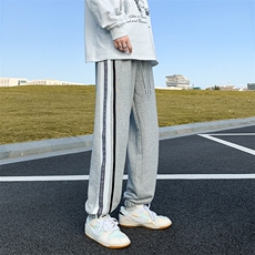 K3166-P45秋装潮流宽松中性男女情侣侧边棋盘格织带撞色休闲卫裤，男装休闲裤，电商A009A（原A058A）