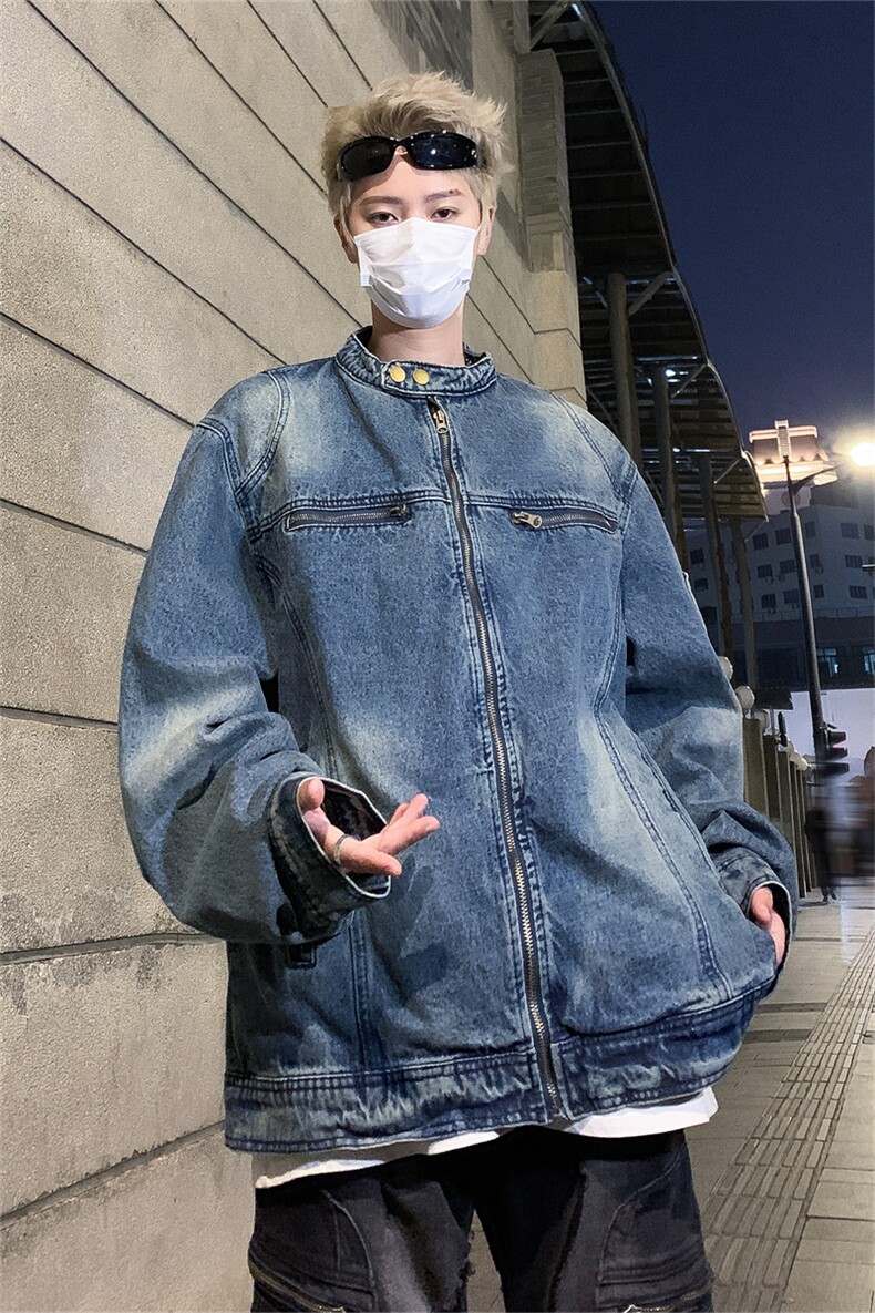 美式复古做旧水洗质感宽松牛仔外套男拉链情侣夹克潮牌休闲上衣女,男装夹克,星座505-2（原电商A260-1)