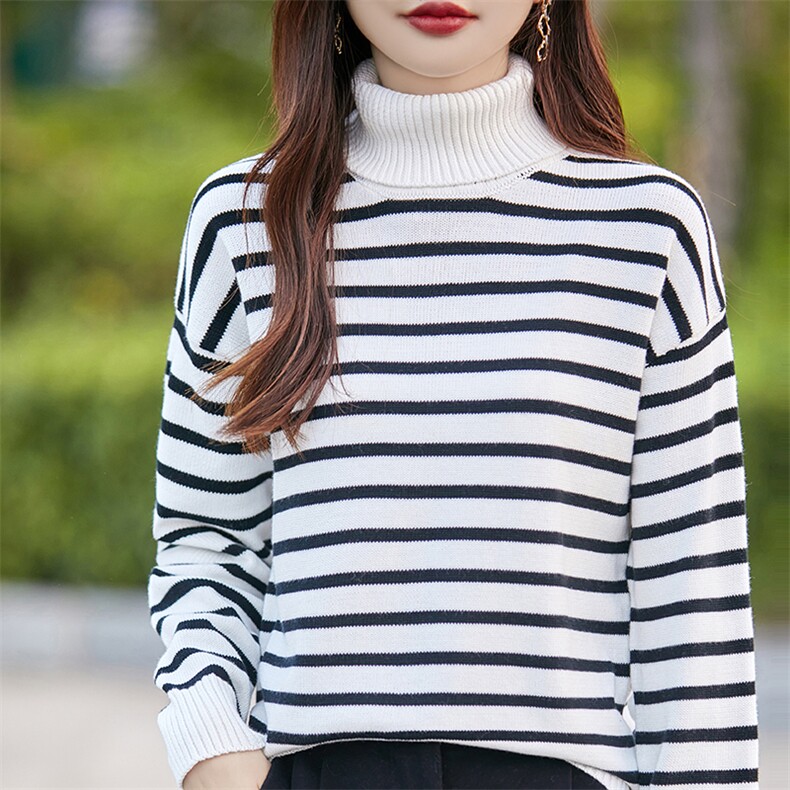 2025秋冬100%纯棉线高翻领加厚宽松款打底衫女条纹保暖针织衫毛衣,针织衫/毛衣,斯美雅电商供货