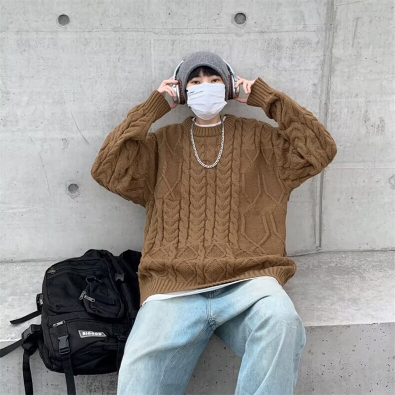 圆领麻花套头毛衣鹿毛绒秋冬外穿复古宽松慵懒风针织衫M7118,男装针织衫/毛衣,星座1116A-1（原606A）