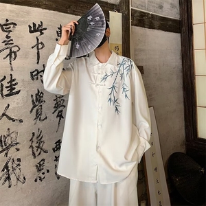 新中式风盘扣刺绣长袖衬衫男装唐装道袍衬衣外套春 CA66图片