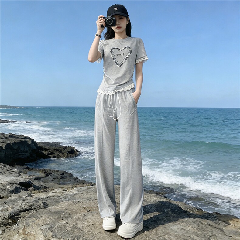 韩版时尚气质套装女夏季新款高级感显瘦短袖上衣宽松阔腿裤两件套,女装套装/套裙,江南
