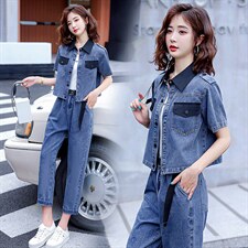现货,新款韩版撞色宽松休闲牛仔裤两件套工装风休闲减龄显瘦潮女,女装套装/套裙,E百度, 现货,新款韩版撞色宽松休闲牛仔裤两件套工装风休闲减龄显瘦潮女,女装套装/套裙,E百度,