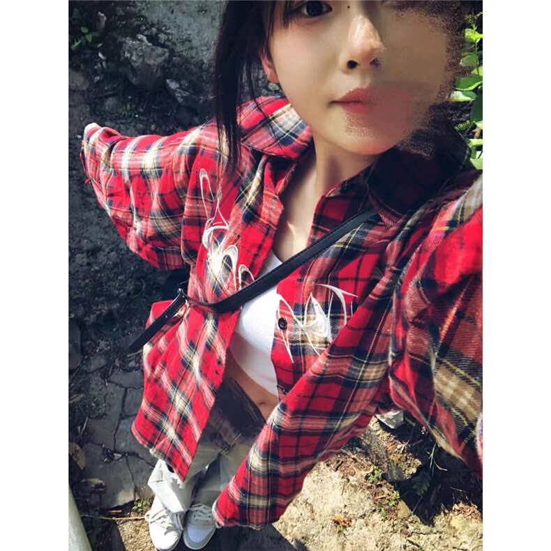 美式复古格子长袖衬衫男女春夏秋季潮牌宽松刺绣休闲衬衣外套潮流,男装衬衫,星座1210-1