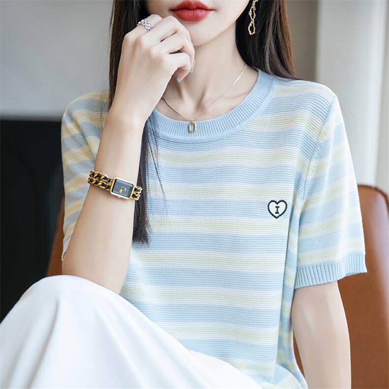 夏季新款凉感短袖t恤上衣复古条纹清新显白正肩时尚天丝针织小衫,女装T恤,菲奥羊绒