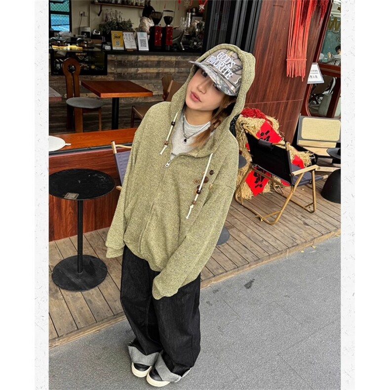 美式复古设计感针织连帽外套男女小众早春慵懒卫衣开衫潮牌,女装短外套,星座506A