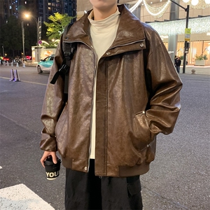 春季潮牌皮衣美式复古情侣翻领PU皮休闲宽松皮夹克外套JK0263-P78图片