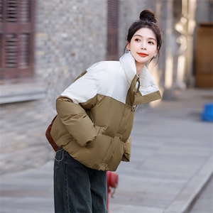 时尚撞色羽绒服女2025冬季新款宽松短款立领白鸭绒加厚面包服外套图片