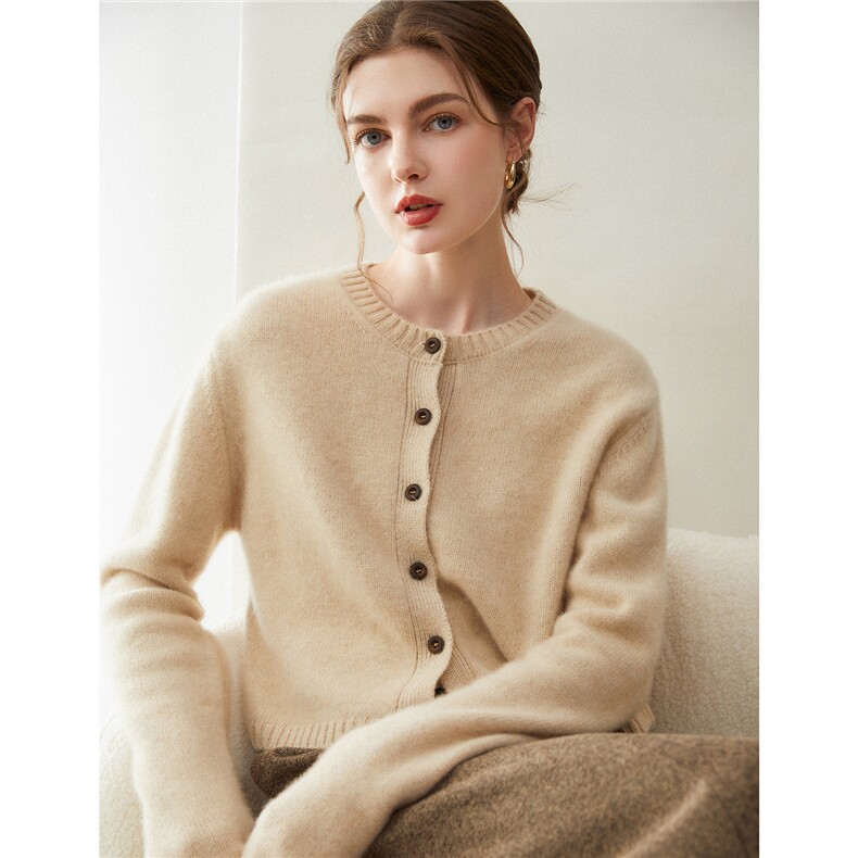 基础款圆领100%纯山羊绒开衫女针织外套简约短款毛衣秋冬新款上衣，女装羊绒衫，米乐羊绒