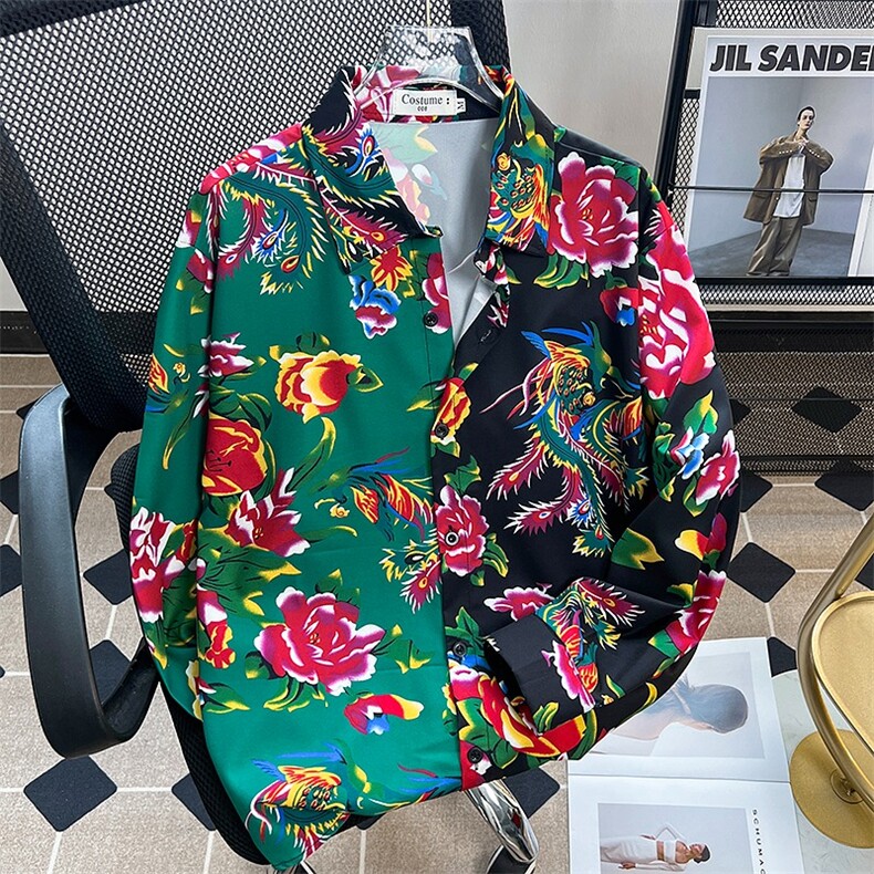 东北大花拼接衬衫男上衣长袖夏季风设计垂感冰丝衬衣C515,男装衬衫,星座1013