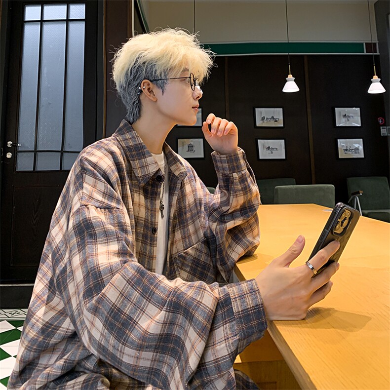 衬衫男春季新款港风宽松大码磨毛格子长袖衬衣CS550-P38，男装衬衫，星座214-3