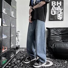 美式高街牛仔裤男夏季潮牌ins宽松阔腿裤拼接直筒长裤K3401-P38，男装牛仔裤，星座512-2