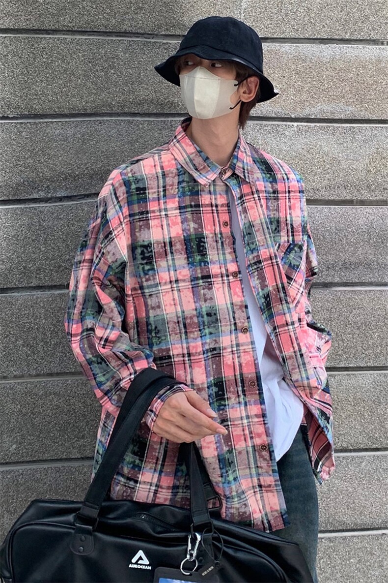 抖音品质美式扎染水洗做旧格子衬衫长袖男士外套CS7232P55控89,男装衬衫,电商B413-1
