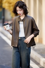 短款秋季拉链常规口袋拼接皮衣立领女装地雷系机能风春秋显瘦时尚，女装皮衣，魅丽静蓝