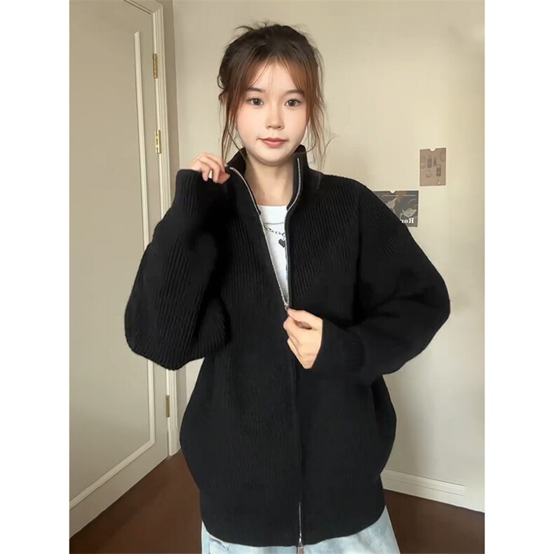 重磅秋冬北极绒双拉链毛衣开衫美式复古休闲慵懒风宽松针织衫外套,男装针织衫/毛衣,电商A486