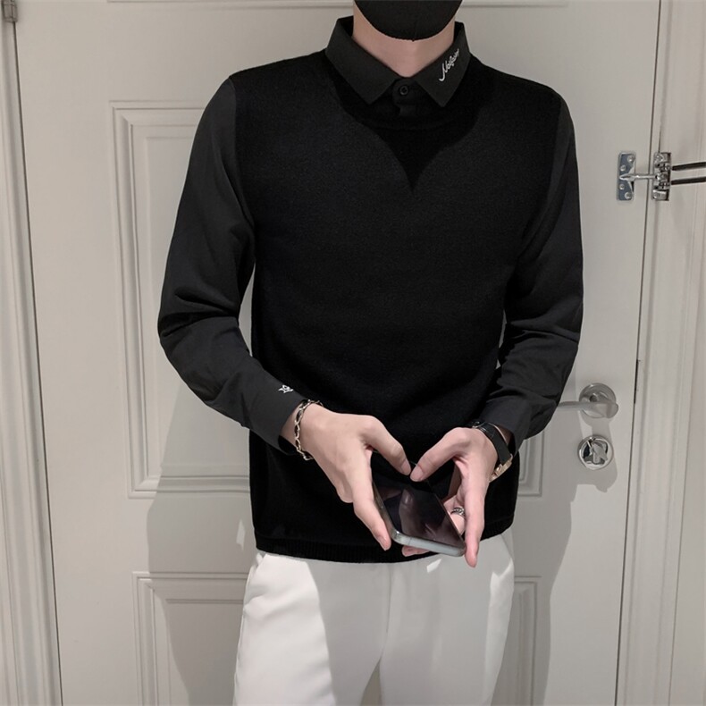 毛衣男士秋季新款打底衫修身长袖假两件青少年简约衬衫领针织衫图片