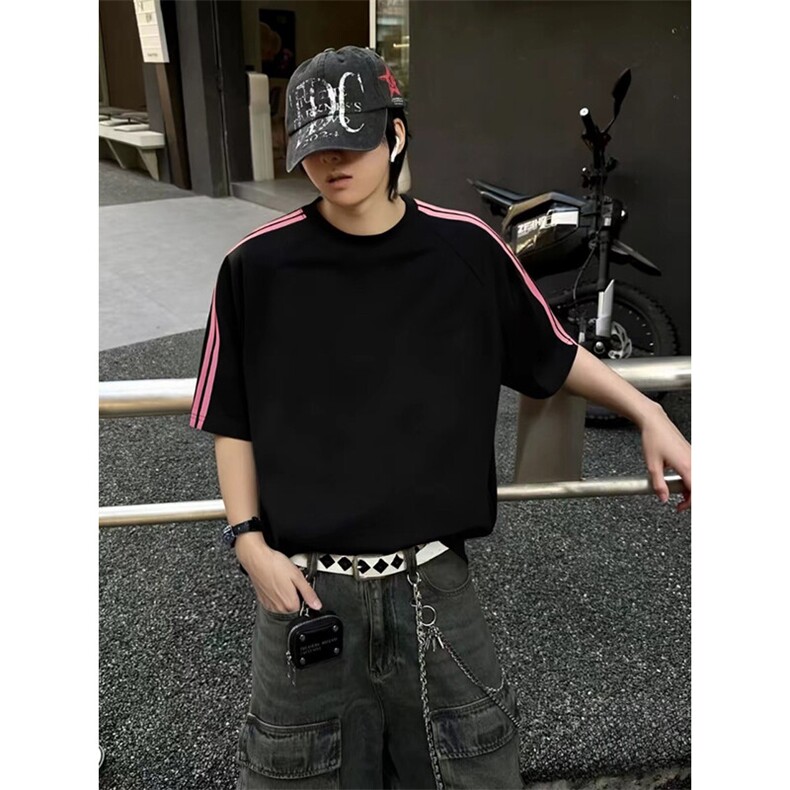 抖音得物品质二开240克宽松纯棉美式潮牌印花三条杠中性风短袖T恤,男装T恤,电商A486