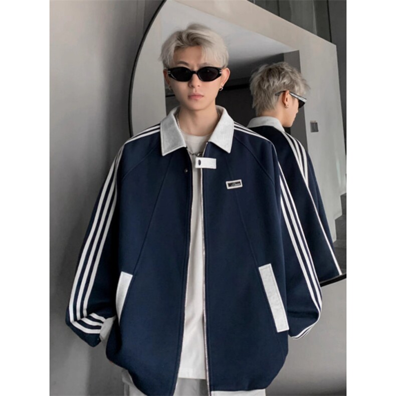 1506-1/W67981/P50藏青色三道杠条纹卫衣外套男女款立领棒球服,女装短外套,星座1506-1