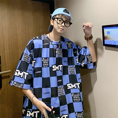 华夫格印花松休闲短袖T恤港风五分半截袖XFT221-P30控48，男装T恤，电商B370
