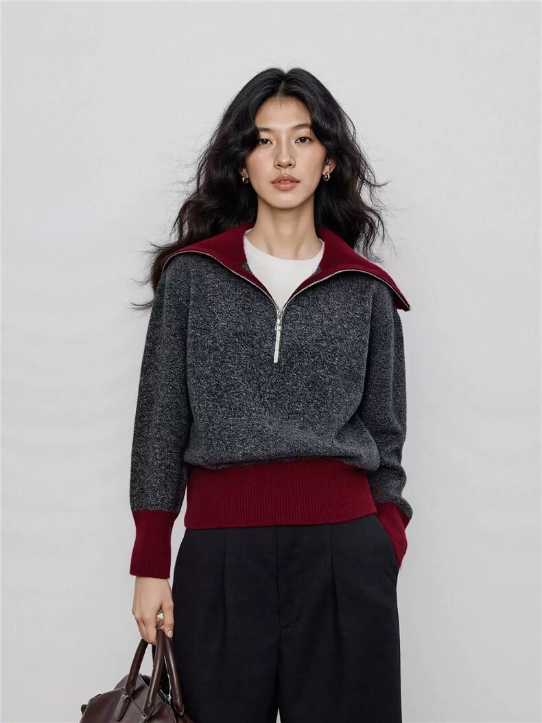 2025年秋季套头时尚百搭花纱半开拉链高领短款毛衣针织打底衫，女装针织衫/毛衣，织己羊绒