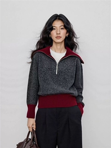 2025年秋季套头时尚百搭花纱半开拉链高领短款毛衣针织打底衫，女装针织衫/毛衣，织己羊绒