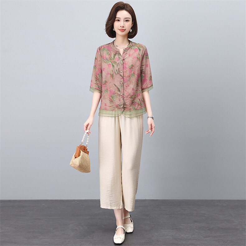时尚印花上衣+阔腿裤棉麻两件套显瘦遮肉气质女装套装,女装套装/套裙,凝聚力