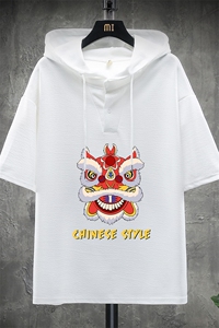 LD54185-P45 连帽短袖t恤男大码胖子带帽五分袖中袖 展架图片