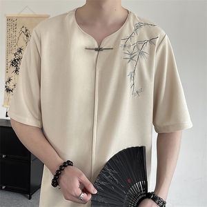新中式金属扣风潮T恤短袖上衣竹子刺绣汉服时尚T2410-P55图片