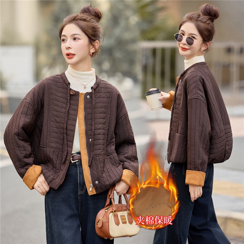 时尚圆领撞色短款棉服女2025冬新款休闲宽松保暖棉衣夹棉加厚外套图片