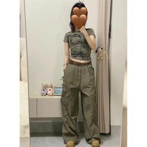 美式复古棕色牛仔裤男女褶皱水洗裤子大口袋工装裤N1002WW-特P65图片