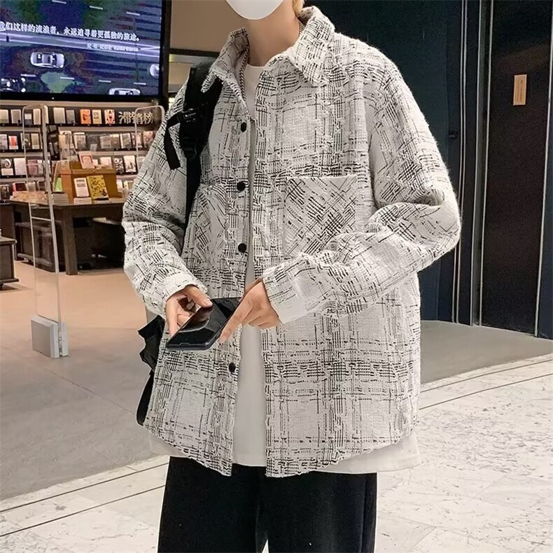 W1031-P45新款ins潮流小香风外套男设计感格子衬衫夹克原宿,男装衬衫,电商B323A