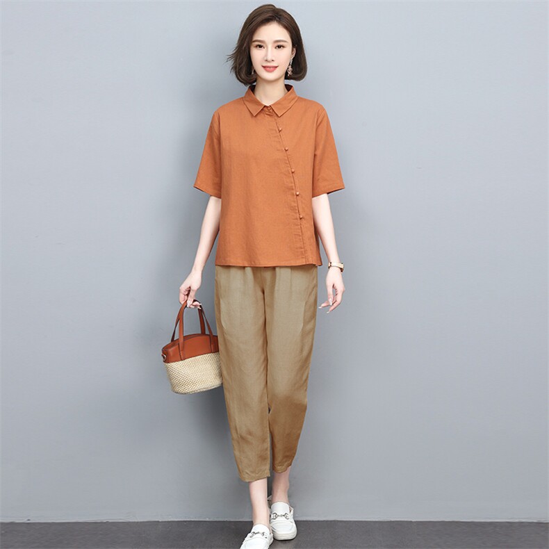 时尚休闲套装女2025新款夏装薄款棉麻翻领韩版宽松显瘦洋气两件套,女装套装/套裙,忆绮罗