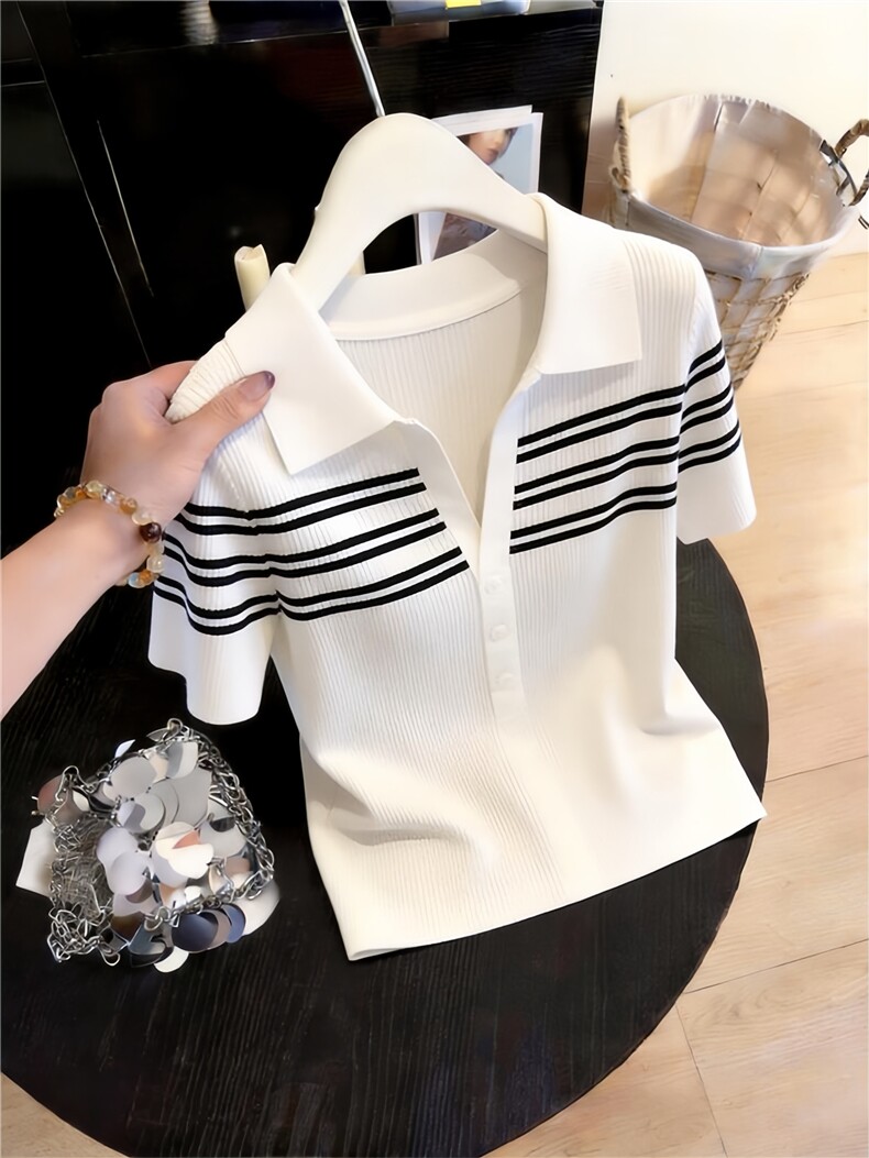 条纹撞色polo针织短袖t恤女夏季设计感弹力短款上衣图片