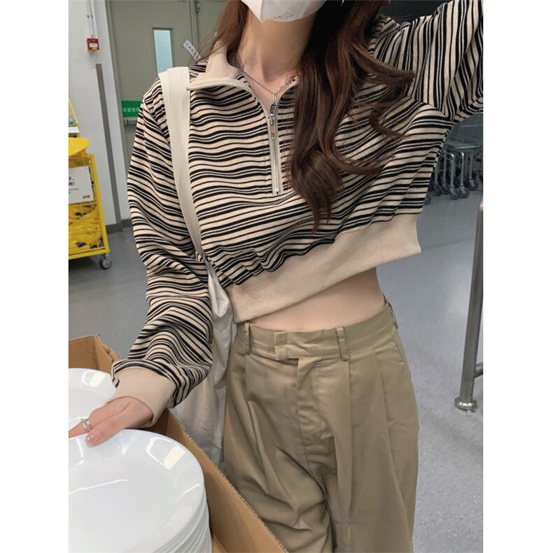 QC040-P58半拉链立领条纹短款套头卫衣女2025春秋季新款长袖上衣,女装卫衣/绒衫,星座617A-2