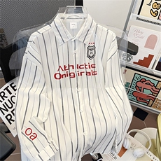 刺绣撞色条纹长袖衬衫潮宽松休闲情侣翻领外穿衬衣潮C0176-P43，男装衬衫，星座308B-1
