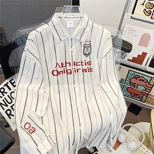 刺绣撞色条纹长袖衬衫 潮宽松休闲情侣翻领外穿衬衣潮C0176-P43图片