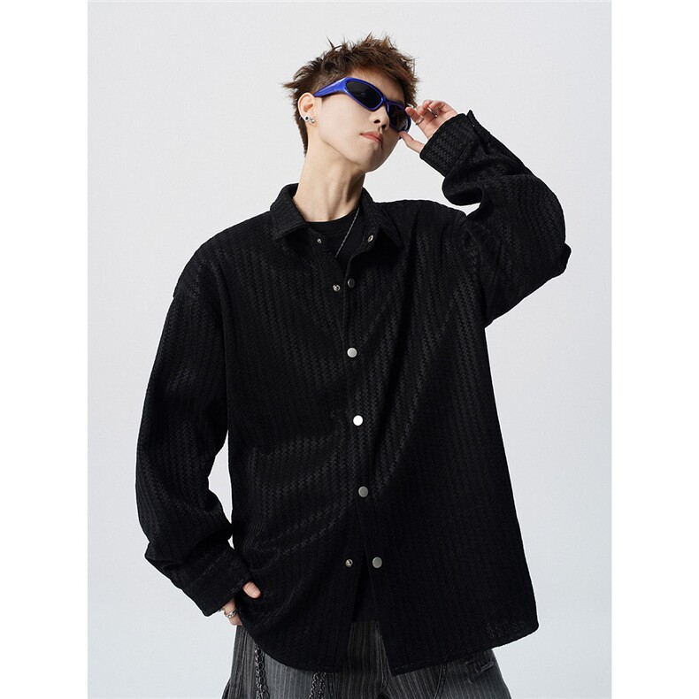 鱼骨纹翻领夹克M-5XL大码涤纶小香风长袖衬衫男78300P45控69图片