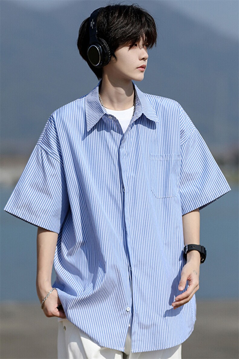 8XL-M条纹短袖衬衫男夏季宽松慵懒风痞帅大码衬衣外套DC28001P40,男装衬衫,电商B312
