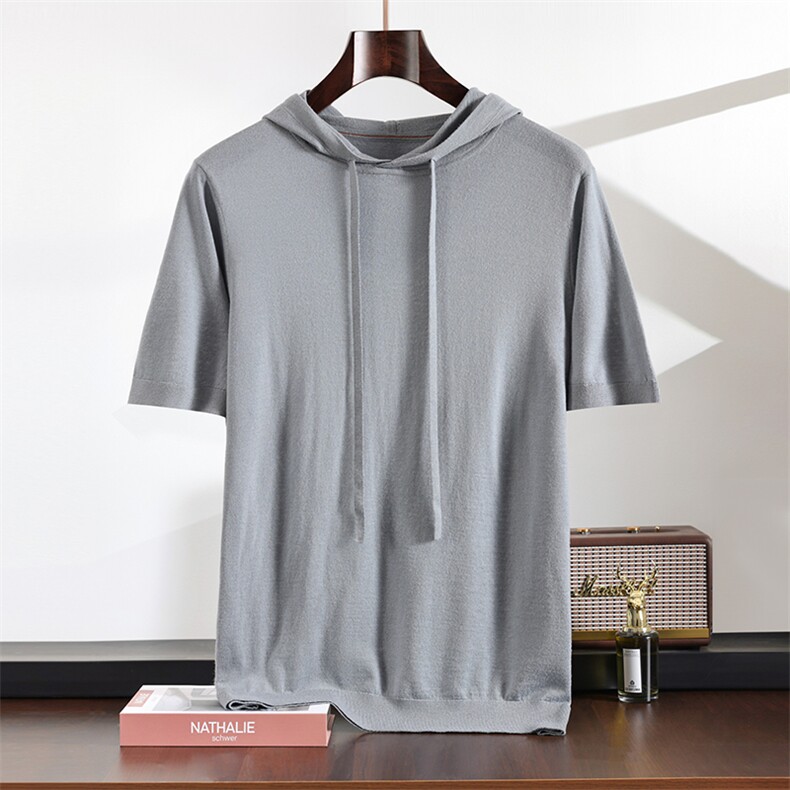 纯色短袖羊毛t恤2025早春时尚休闲连帽羊毛衫男，男装T恤，绒之心羊绒