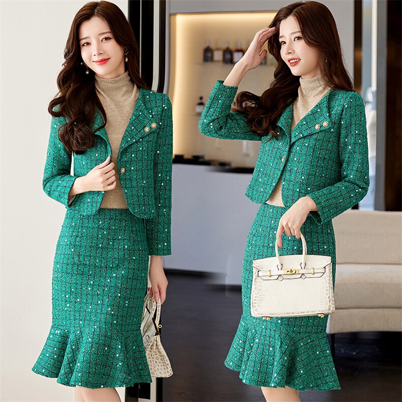 法式小香风外套气质名媛套装女2024年秋冬新款高级感鱼尾裙两件套，女装套装/套裙，芭米依尚