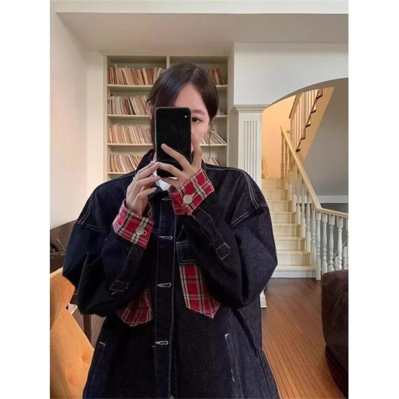春季牛仔外套男2025年新款痞帅宽松夹克男女潮牌口袋格子拼接褂子,男装夹克,星座506A