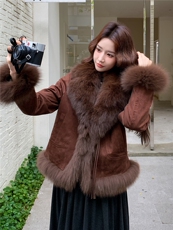 现货90白鸭绒羽绒服女2025冬新款鹿皮绒时尚洋气显瘦保暖外套，女装派克服，韩然一族