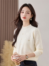 2025年冬季新款拼花边订珍珠扣打底毛衣，女装针织衫/毛衣，乐吉娜