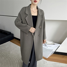 2025年秋季新款百搭女士POLO领单排扣长袖中长款大衣，女装双面呢大衣，鹿展羊绒大衣