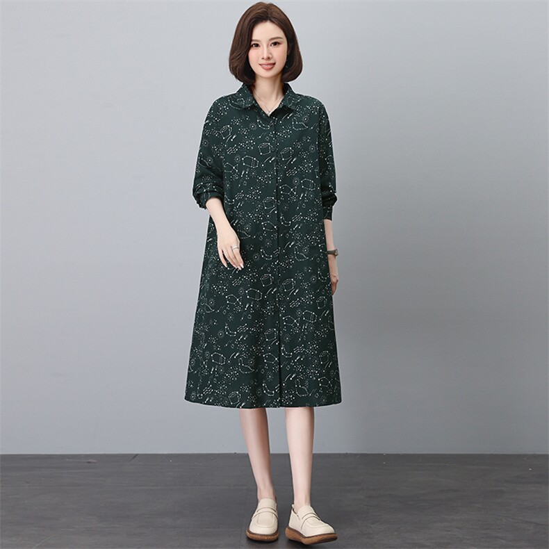 官方旗舰店时尚纯棉连衣裙春秋新款全棉长袖大码宽松衬衫裙子,女装连衣裙,江忆布依