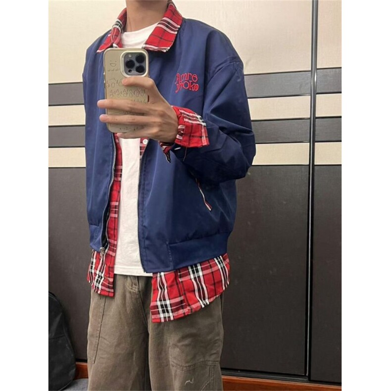 美式复古格子拼接翻领夹克男宽松小众假两件外套常规P59加绒P75,男装夹克,四季星座505