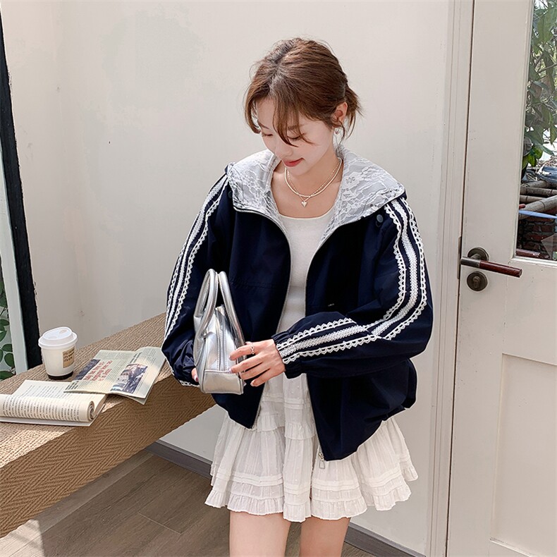 藏青色蕾丝拼接开衫短外套女2025秋季新款小个子减龄休闲连帽夹克,女装防晒衣,2C285