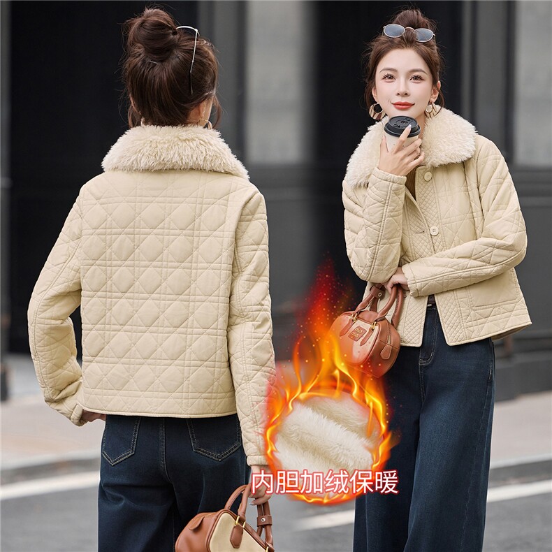 格纹加绒皮衣外套女加厚短款韩版气质收腰百搭小个子棉衣棉服,女装皮衣,吾爱衣